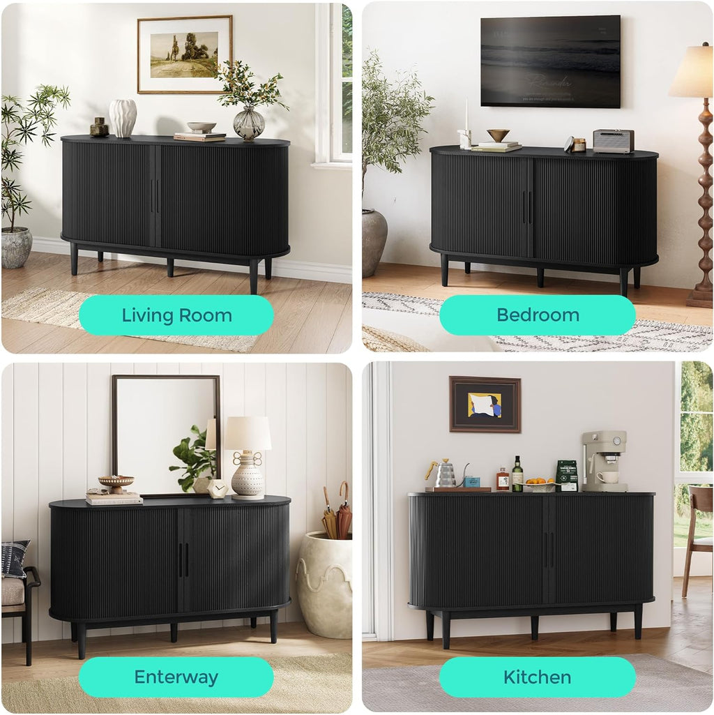 LINSY HOME 55" Sideboard Buffet Cabinet,Tambour Sliding Doors & Drawer | Black Fluted Coffee Bar Cabinet with Large Storage, Mid Century Modern Wood Storage Buffet Table for Kitchen, Living Room