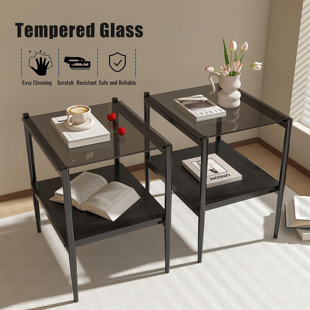 Glass end Table Set of 2,Living Room Glass Side Table,Glass Bedside Table,Suitable for Living Room, Bedroom