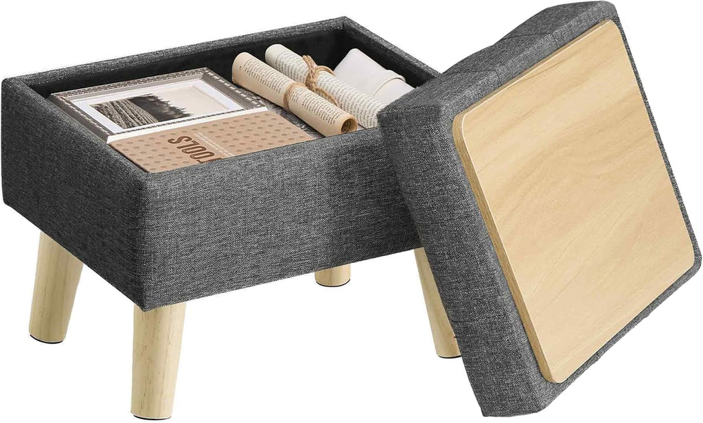 SONGMICS Storage Ottoman, Foot Stool, Ottoman with Padded Seat, Foot Rest with Wood Legs, Small Table, for Hallway, Living Room, 11.8 x 15.7 x 11.4 Inches, Linen-Look Fabric, Slate Gray ULOM517GN01