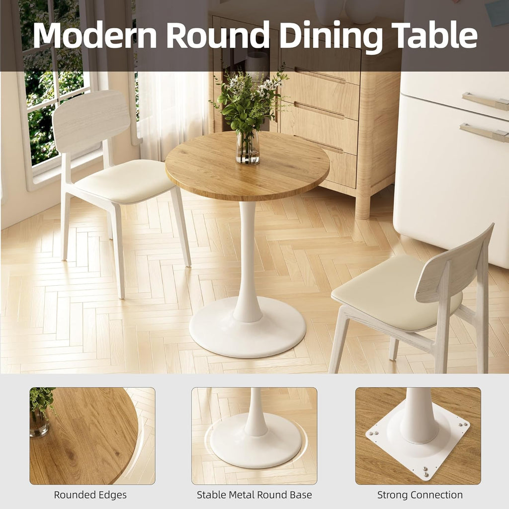 Round Dining Table 30" Circle Tulip Table with Wood Thickened Tabletop & Sturdy Metal Pedestal Mid Century Modern Leisure Bistro Kitchen Tables 4 People Small Places Living Room Cafe,Oak