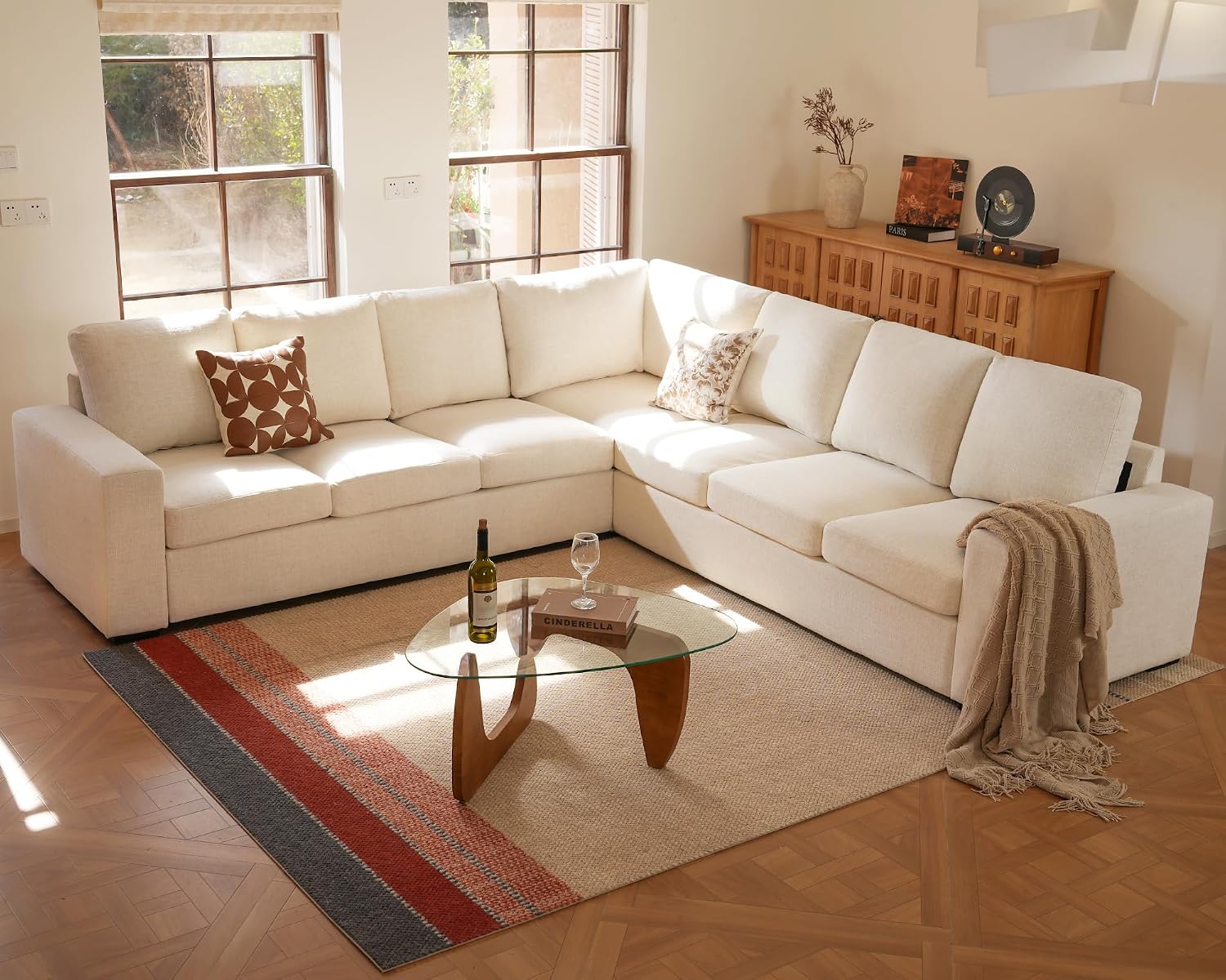 ELUCHANG 113" V-Shaped Modular Sectional Sofa Couch, Modern 7-Seat Comfy Linen Deep Seat Sofa with Corner, Removable Cover, Easy Assembly, Large Sofas & Couches for Living Room, Office, Beige