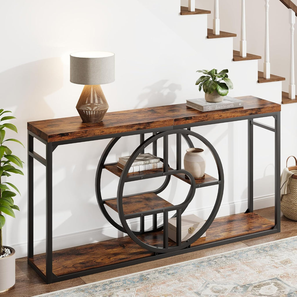 GarveeHome 55" Industrial Entryway Table, 5-Tier Narrow Console Table with o-Shaped Metal Frame, Storage Sofa Table for Living Room, Hallway & Entrance