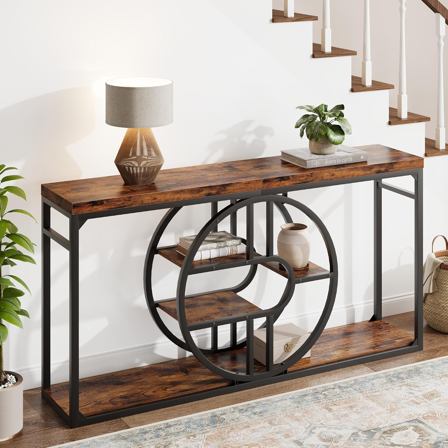 GarveeHome 55" Industrial Entryway Table, 5-Tier Narrow Console Table with o-Shaped Metal Frame, Storage Sofa Table for Living Room, Hallway & Entrance