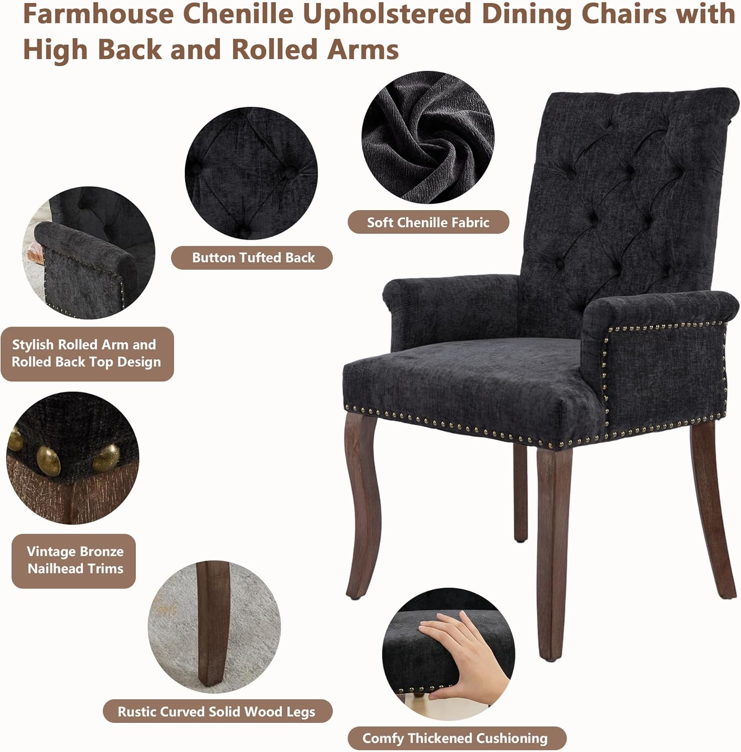 mikibama Chenille Upholstered Dining Chairs with High Back Set of 2,Vintage Tufted Kitchen Chairs with Rolled Arms,Farmhouse Fabric Accent Side Chair with Arms for Living Room (2, Black)