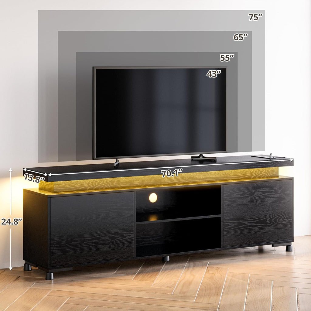 IRONCK TV Stand Entertainment Center with LED Lights for 85 inch | Power Outlet, Cabinets and Adjustable Shelf. USB ports, Type-C and 4.9ft power cord. Hold TVs up to 65, 70, 75, 85 inches.