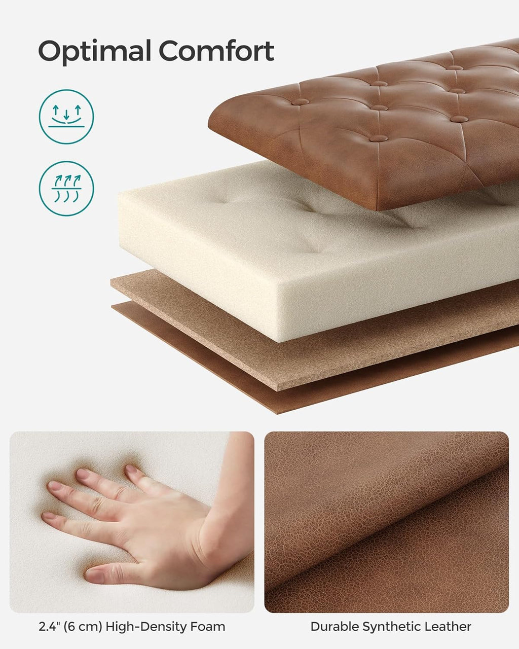 SONGMICS Storage Ottoman, 46.5 Inches Long Bed End Stool, Solid Wood Legs | Buttons Decoration, Non-Slip Foot Pads, 330.7 lb Load Capacity, Coffee Brown, MACEO Collection ULOM071K01