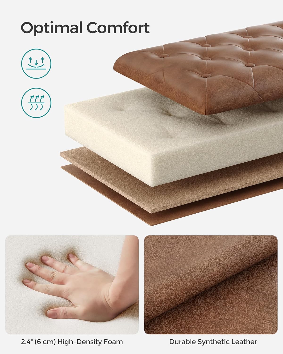 SONGMICS Storage Ottoman, 46.5 Inches Long Bed End Stool, Solid Wood Legs | Buttons Decoration, Non-Slip Foot Pads, 330.7 lb Load Capacity, Coffee Brown, MACEO Collection ULOM071K01