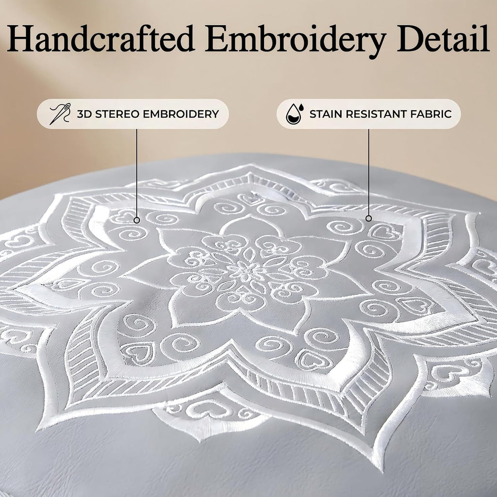 Round Pouf Cover, Premium Leather Ottoman Cover 19in / 48cm, Unstuffed Floor Pouf with Handcrafted Embroidery, Boho Footrest for Living Room, Meditation Cushion, Home Decor (Grey)