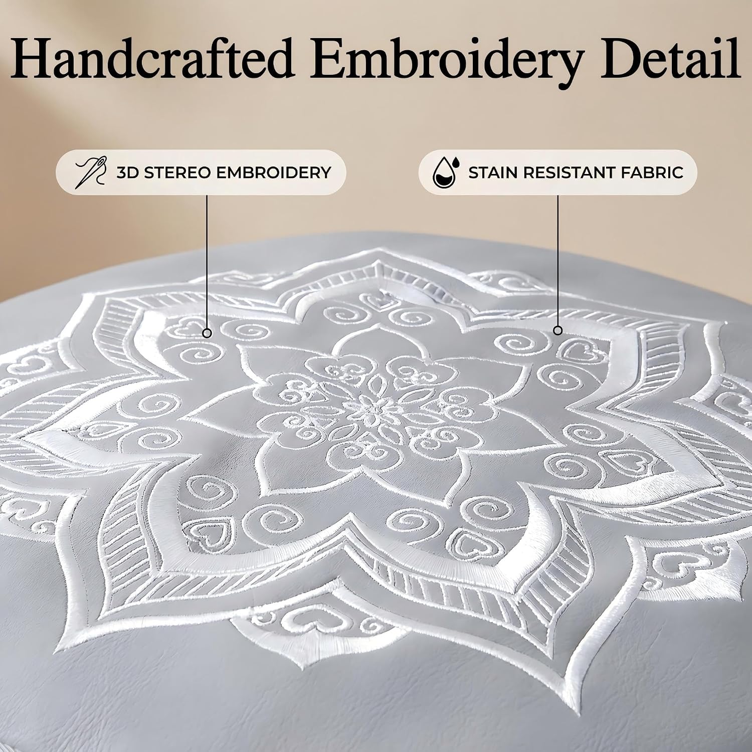 Round Pouf Cover, Premium Leather Ottoman Cover 19in / 48cm, Unstuffed Floor Pouf with Handcrafted Embroidery, Boho Footrest for Living Room, Meditation Cushion, Home Decor (Grey)