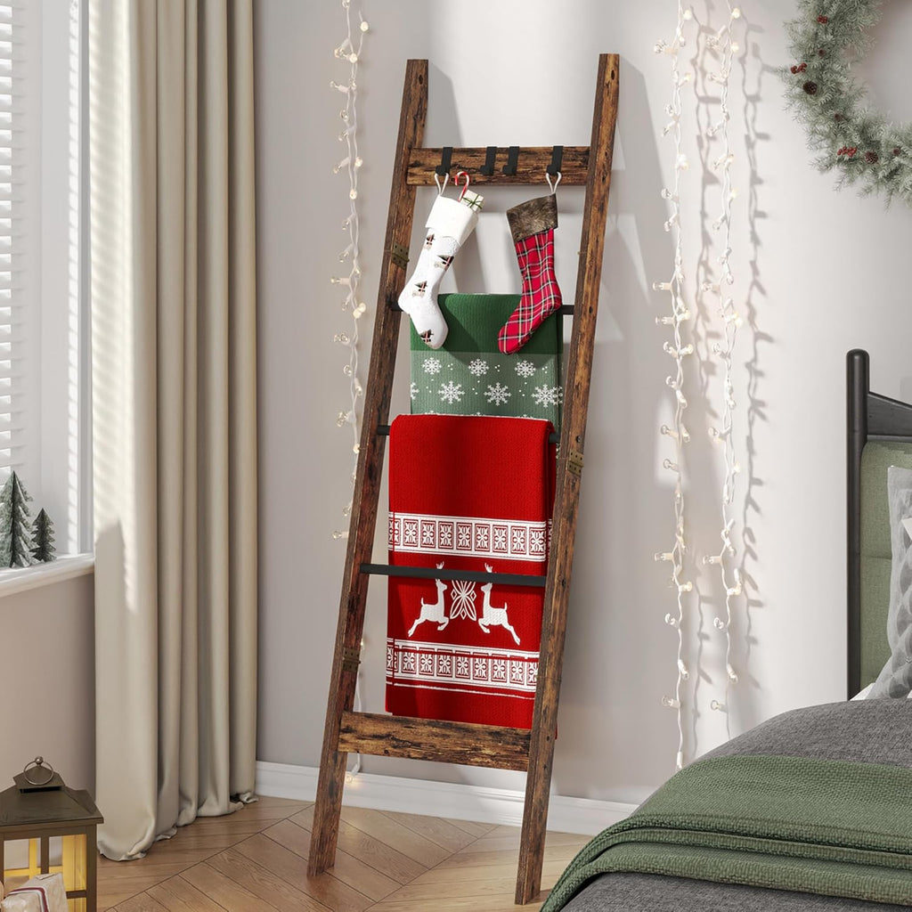 Hzuaneri Blanket Ladder for Living Room, Decorative Quilt Rack with 4 Removable Hooks, 5-Tier Farmhouse Ladder Holder Shelf Organizer for Bedroom, Rustic Brown and Black 02101BBR