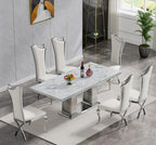 68 in Faux Marble Dining Table for 4-6, White Marble Dining Table with Silver Stainless Steel Base, Luxury Rectangular Dining Room Table for Kitchen, Living Room, Apartment, Family Meals, Dinner Party