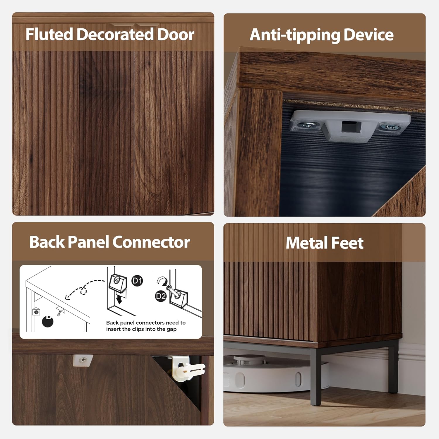 Mericonia Farmhouse Buffet Sideboard Cabinet with Storage, Fluted Coffee Bar with Doors and Adjustable Shelves, Modern Wood Console Cabinet for Kitchen, Livingroom (Fluted 4 Door, Walnut)