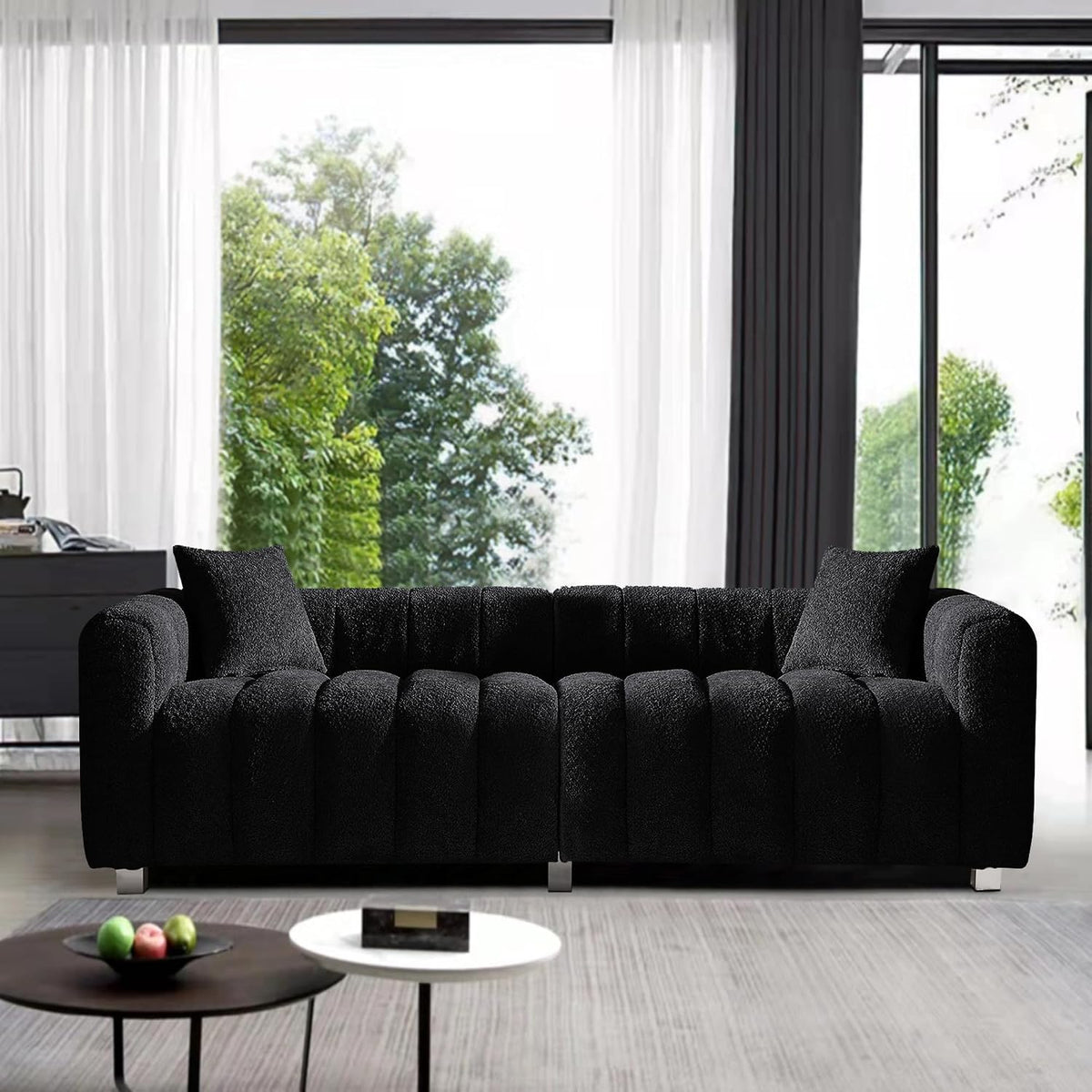 87.4" Modern 3 Seater Sofa Couch for Living Room, Mid Century Fluffy Couches with Solid Wood Frame and 6 Legs for Bedroom, Apartment, Weight Capacity 750 LBS (Black)