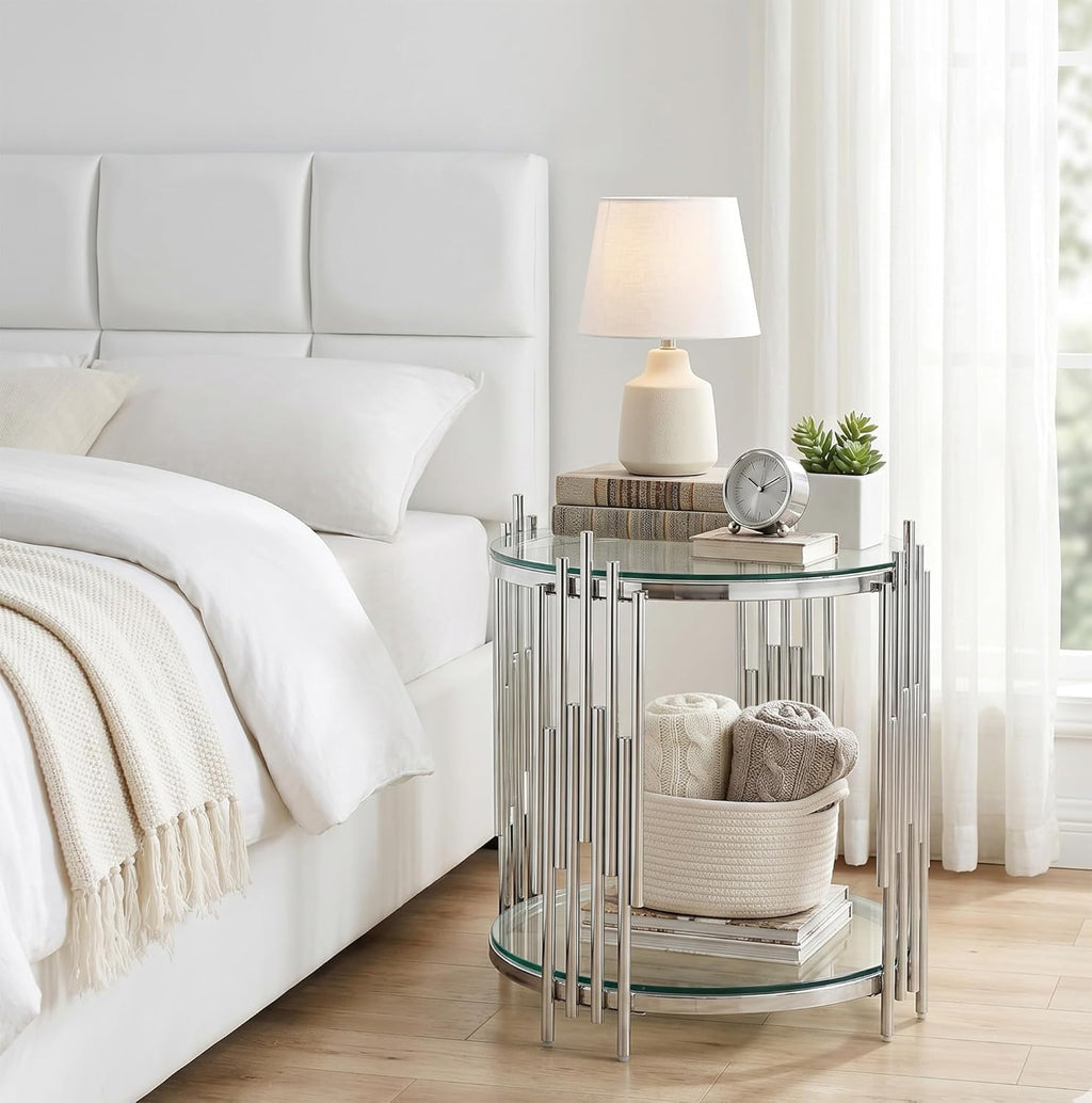 19.69” Round Glass End Table, 2-Tier Side Table with Clear Tempered Glass Top Silver Mirrored Stainless Steel Legs, Modern Luxury Nightstand Bedside Table with Lower Shelf for Living Room