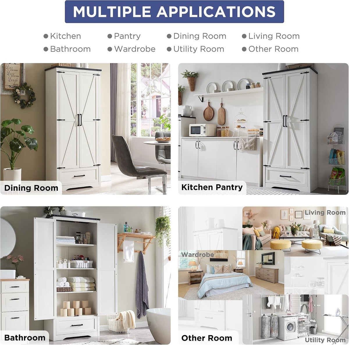 JXQTLINGMU Farmhouse Kitchen Pantry Cabinet - 72" Tall Wood Kitchen Storage Cabinets with Adjustable Shelves & 2 Barn Style Doors & Drawer, Versatile Storage for Dining Room, Bathroom, Antique White