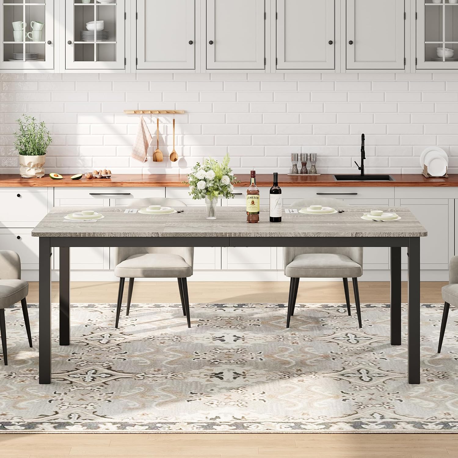 71 Inch Industrial Dining Table, Large Rectangle Kitchen Table with Metal Legs, Round Corners, Wooden Conference Tables Writing Desk for Dining Room, Living Room, Rustic Grey