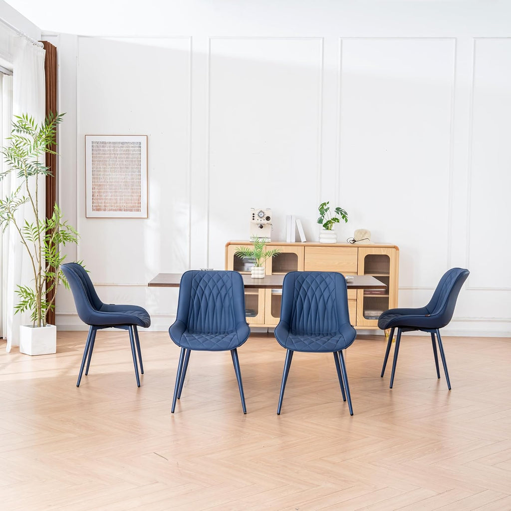YOUNIKE Faux Leather Dining Chairs Set of 2 Mid-Century Modern High Padded Back Comfy Upholstered Kitchen Chairs with Metal Legs Wide Seat Accent Side Chair for Dining/Living/Waiting Room Navy Blue