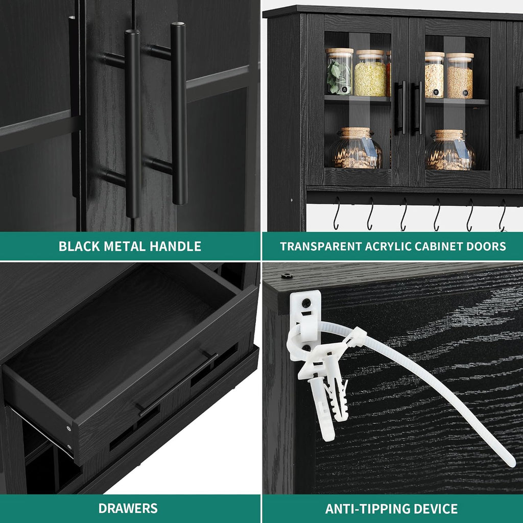 YITAHOME 71'' Kitchen Pantry Storage Cabinet with Microwave Stand, Tall Freestanding Hutch Cabinet with Power Outlet, Pantry Cabinets with Buffet Cupboard, Drawers and Acrylic Doors for Home, Black | Tall Freestanding Hutch Cabinet with Power Outlet