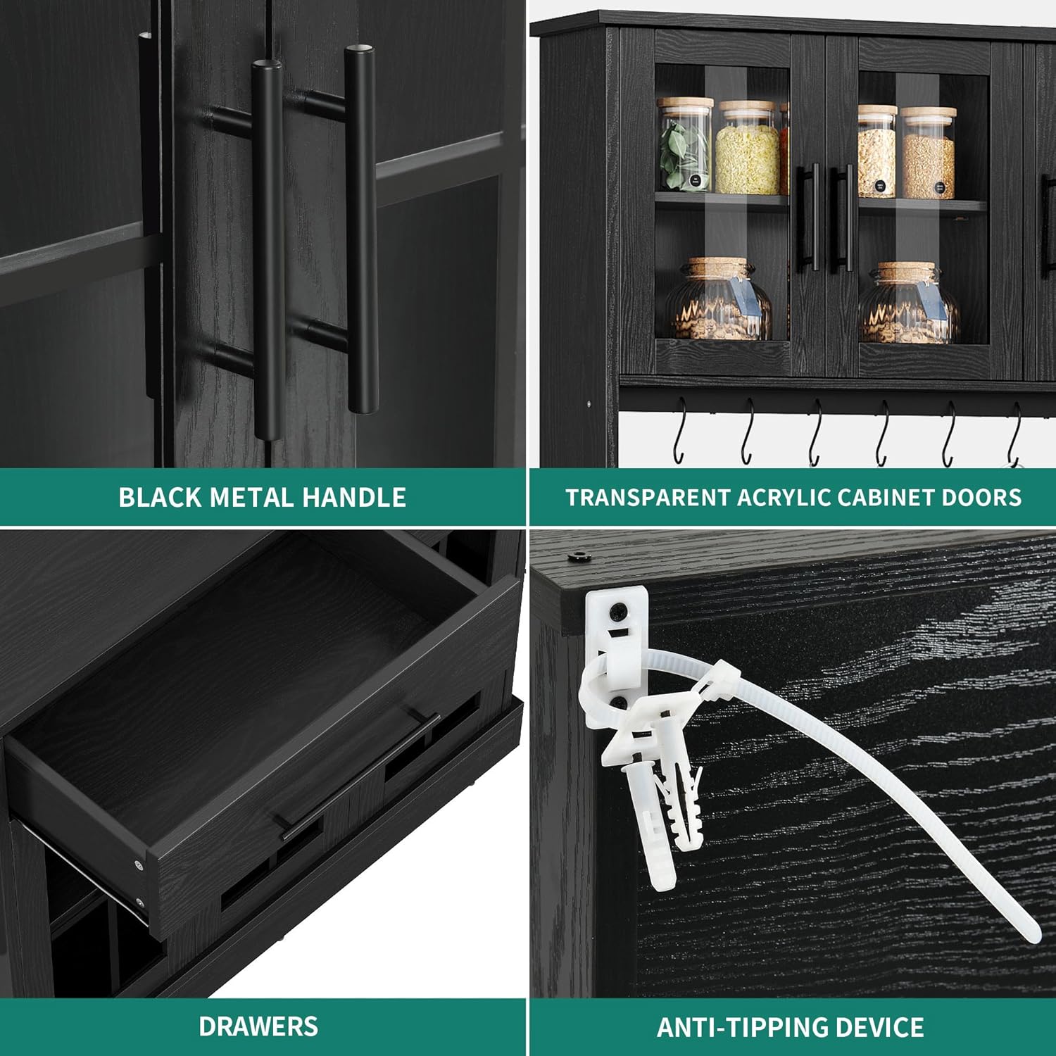 YITAHOME 71'' Kitchen Pantry Storage Cabinet with Microwave Stand, Tall Freestanding Hutch Cabinet with Power Outlet, Pantry Cabinets with Buffet Cupboard, Drawers and Acrylic Doors for Home, Black | Tall Freestanding Hutch Cabinet with Power Outlet