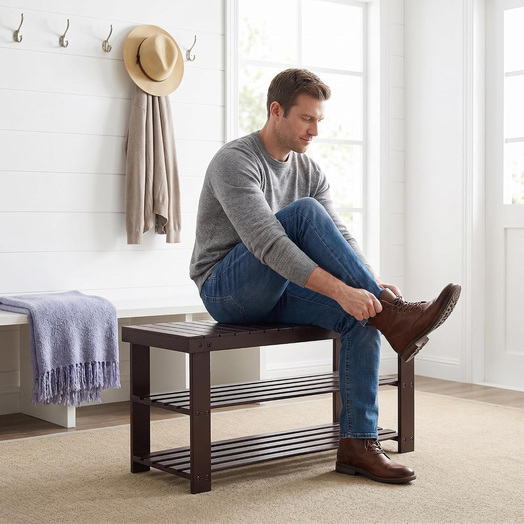 Bamboo Shoe Bench, 3-Tier Shoe Organizer Holds Up to 286 lb, Entryway Bench with Shoe Storage Suitable for Closet & Living Room, 11.22 x 35.43 x 17.91, Espresso Brown