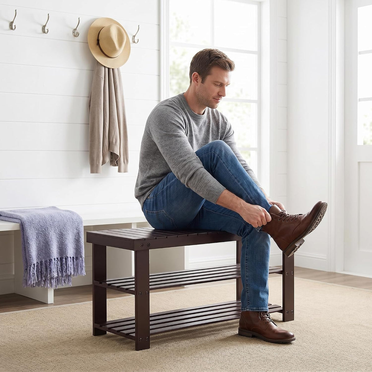 Bamboo Shoe Bench, 3-Tier Shoe Organizer Holds Up to 286 lb, Entryway Bench with Shoe Storage Suitable for Closet & Living Room, 11.22 x 35.43 x 17.91, Espresso Brown