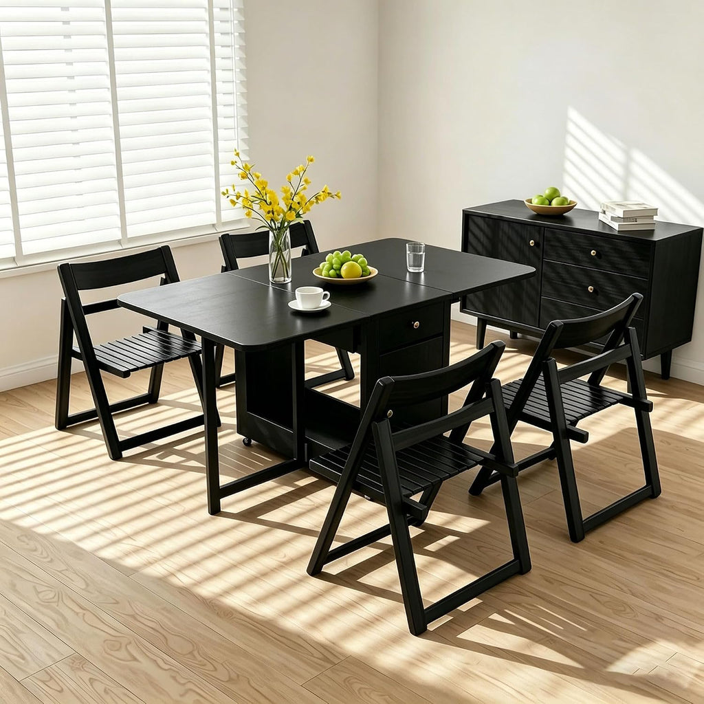 Extendable Drop Leaf Folding Dining Table with 4 Chairs, No Assembly Required, 51" Space Saving Hideaway Table for Small Spaces, Living Room & Kitchen (Black)