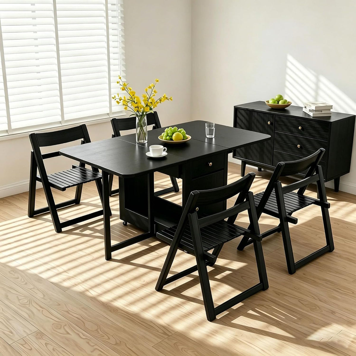 Extendable Drop Leaf Folding Dining Table with 4 Chairs, No Assembly Required, 51" Space Saving Hideaway Table for Small Spaces, Living Room & Kitchen (Black)