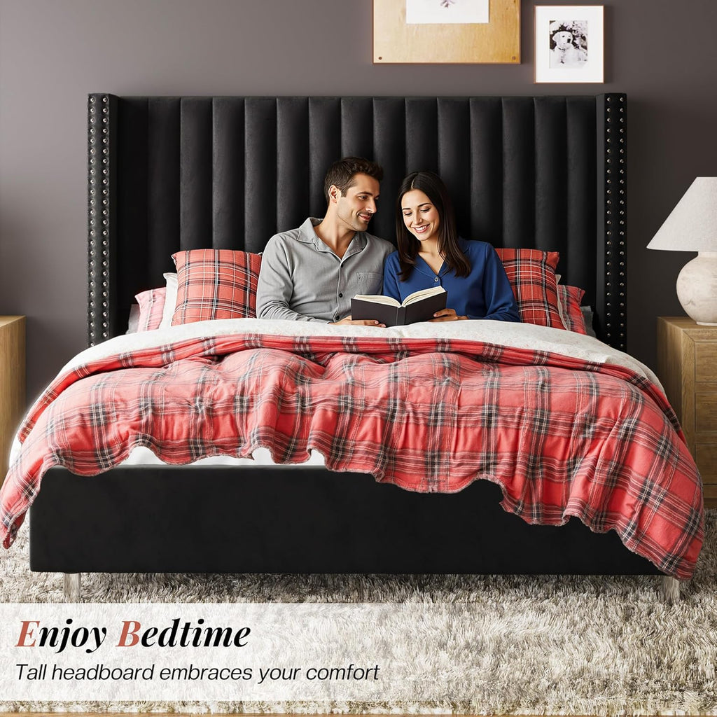 Jocisland Queen Size Bed Frame Velvet Upholstered Wingback Headboard, Black