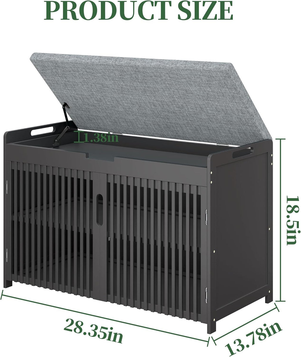APRTAT Bamboo Shoe Storage Bench with Padded Cushion, 3-Tier Shoe Rack Organizer with 2 Ventilated Grille Doors for Entryway, Bedroom, Bathroom (Black, Large)