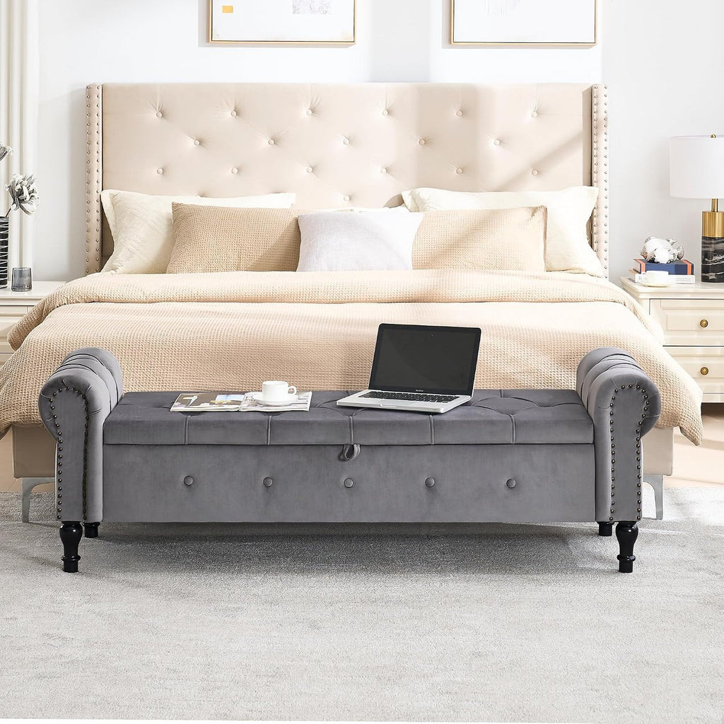 Storage Bench 67" Velvet End of Bed Benches Dark Grey | King Size Storage Bench for Bedroom with Rolled Arms Tufted Ottoman Benches Upholstered Bench for Living Room Entryway