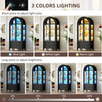 Vlsrka 71" Arched Curio Cabinet with Glass Doors, 4-Shelves Display Cabinet and 2 Drawers, Display Case with 3 Color Lights, Tall Bookcase, Kitchen Pantry, Black+Wood