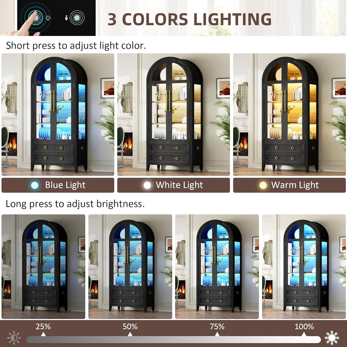 Vlsrka 71" Arched Curio Cabinet with Glass Doors, 4-Shelves Display Cabinet and 2 Drawers, Display Case with 3 Color Lights, Tall Bookcase, Kitchen Pantry, Black+Wood