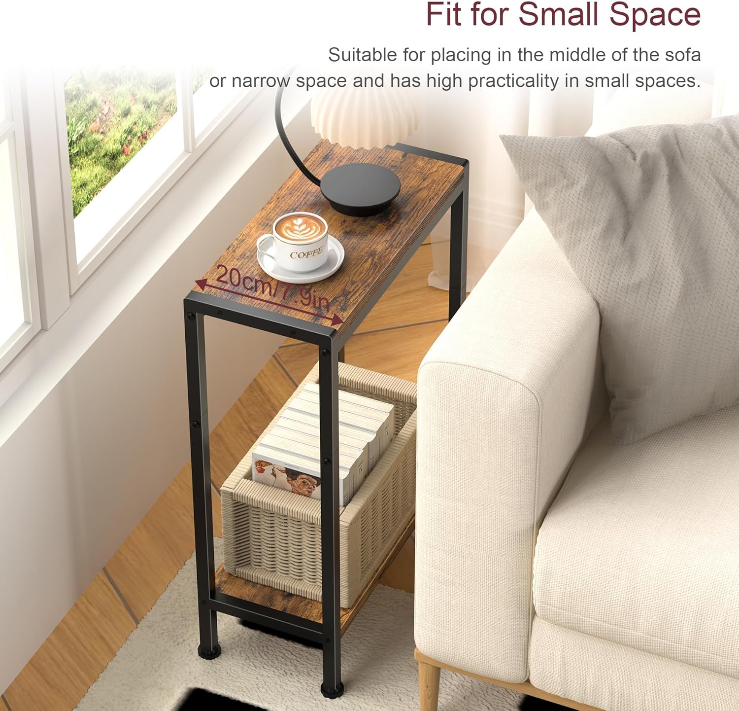 Narrow Side Table for Small Space, 2-Tier Slim End Table, Thin Nightstand, Skinny Snack Couch Table, Sofa Bedside Table in Living Room, Bedroom, Study, Kitchen and Balcony (Rustic Brown)