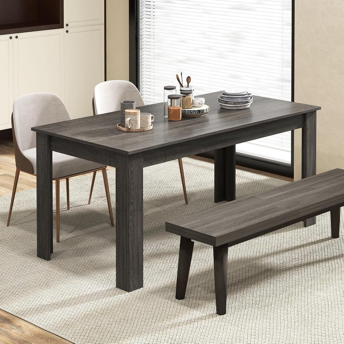 63“ Large Dining Table for 4-6 People, Rectangular Dining Room Table, Wooden Kitchen Table with L-Shaped Legs, Modern Farmhouse Dinette Table for Restaurant, Living Room, Family