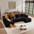 142" Modular Cloud Sectional Couch with Ottoman, Modern Upholstered Compressed Sofa with Deep Seat, Comfy U-Shape Corduroy Couches for Living Room, No Assembly Required, Black