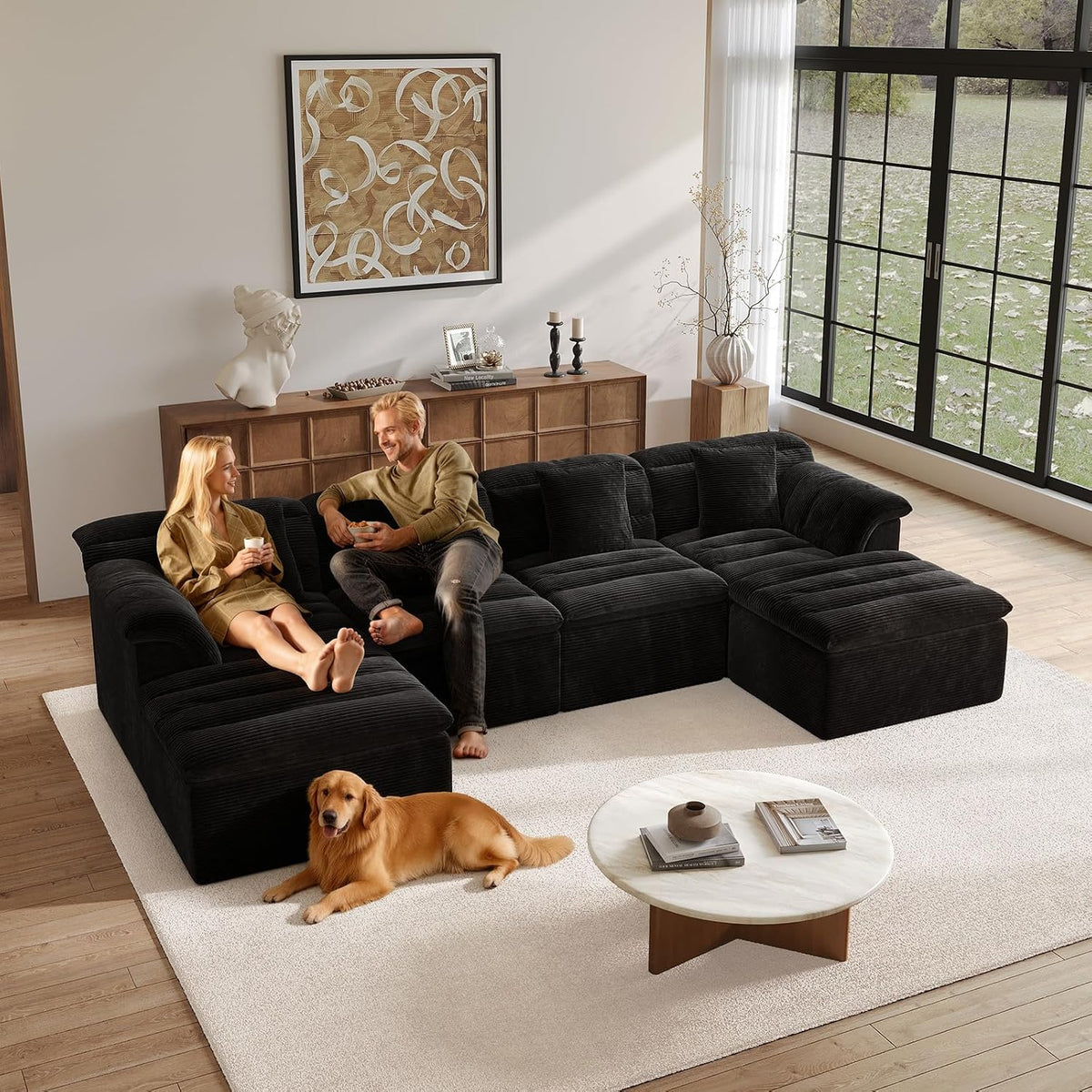 142" Modular Cloud Sectional Couch with Ottoman, Modern Upholstered Compressed Sofa with Deep Seat, Comfy U-Shape Corduroy Couches for Living Room, No Assembly Required, Black