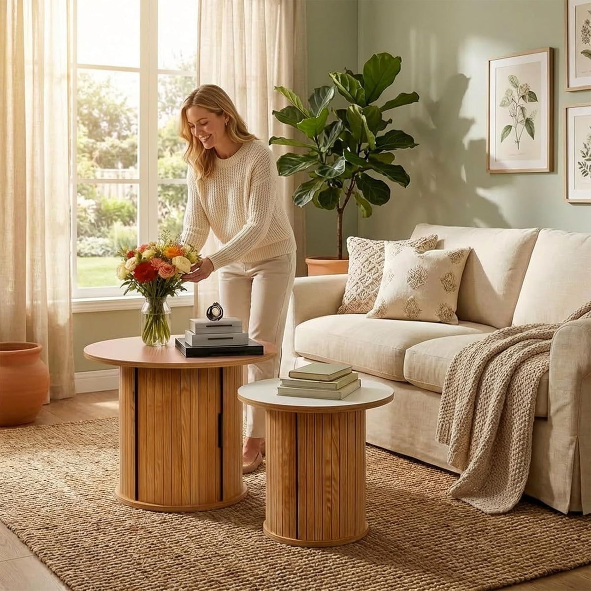 Modern Walnut End Table with Storage - Fluted Design Living Room Accent Table, Tall Bedside Nightstand & Sofa Side Table for Small Spaces, Dark Wood Finish (23.6" Wide, Natural)