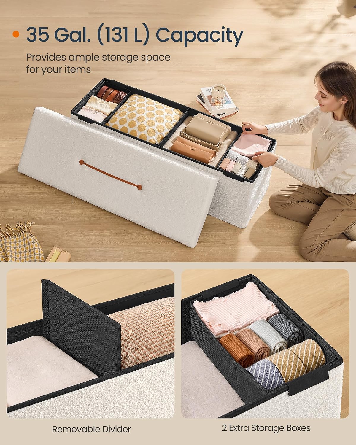 SONGMICS Large Folding Storage Ottoman Bench, 15 x 43 x 15 Inches | Foot Rest Stool, Load up to 660 lb, Cappuccino White and Ink Black, MINOTA Collection ULSF097W01