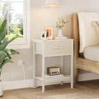 Vagusicc Nightstand with Charging Station, End Table with Fabric Drawer, Small Side Table with 2-Tier Storage Shelves, 25.4" Tall Night Stand, Bedside Table for Bedroom, Living Room, Dorm, Beige