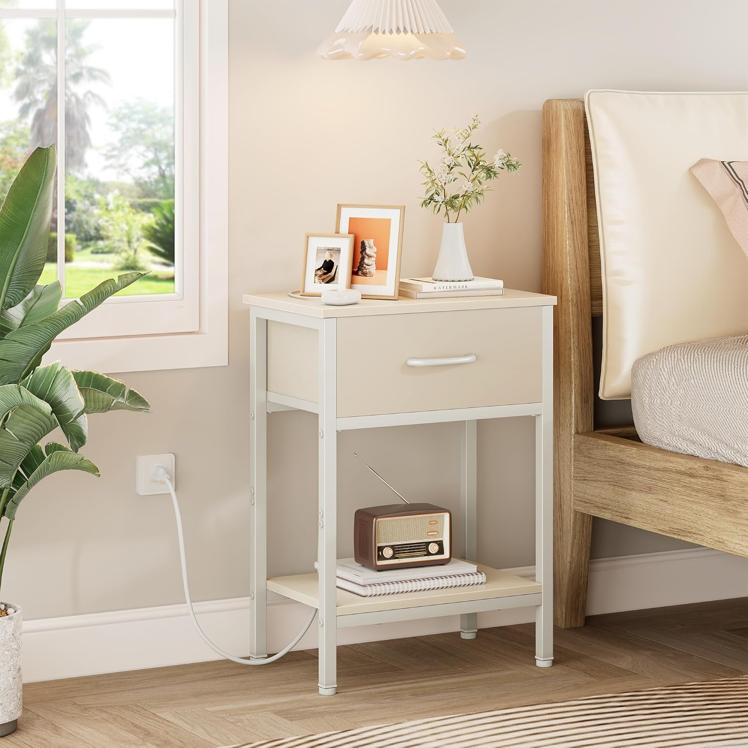 Vagusicc Nightstand with Charging Station, End Table with Fabric Drawer, Small Side Table with 2-Tier Storage Shelves, 25.4" Tall Night Stand, Bedside Table for Bedroom, Living Room, Dorm, Beige