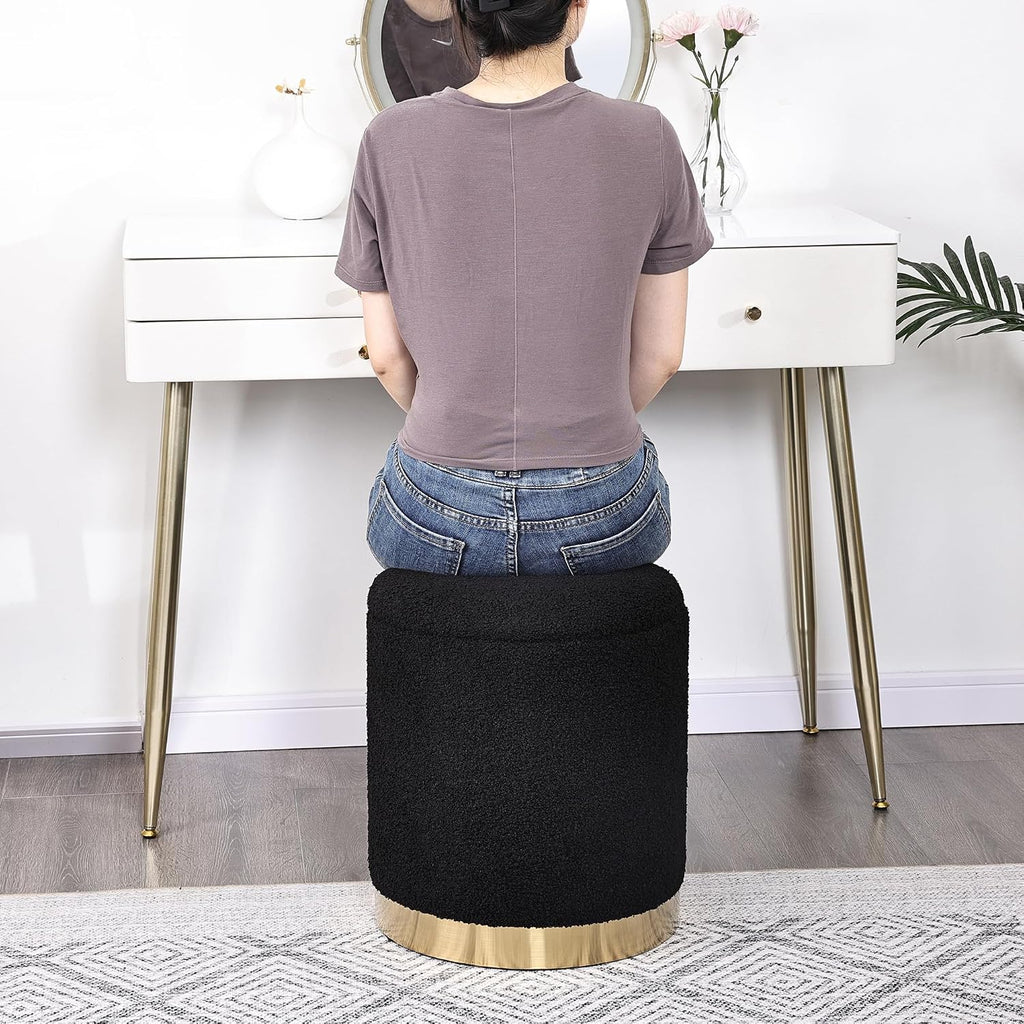 Joveco Boucle Round Ottoman with Storage,Vanity Stool with Storage for Bedroom, Ottoman Coffee Table,Small Boucle Foot Stool for Living Room, Black with Gold Plating