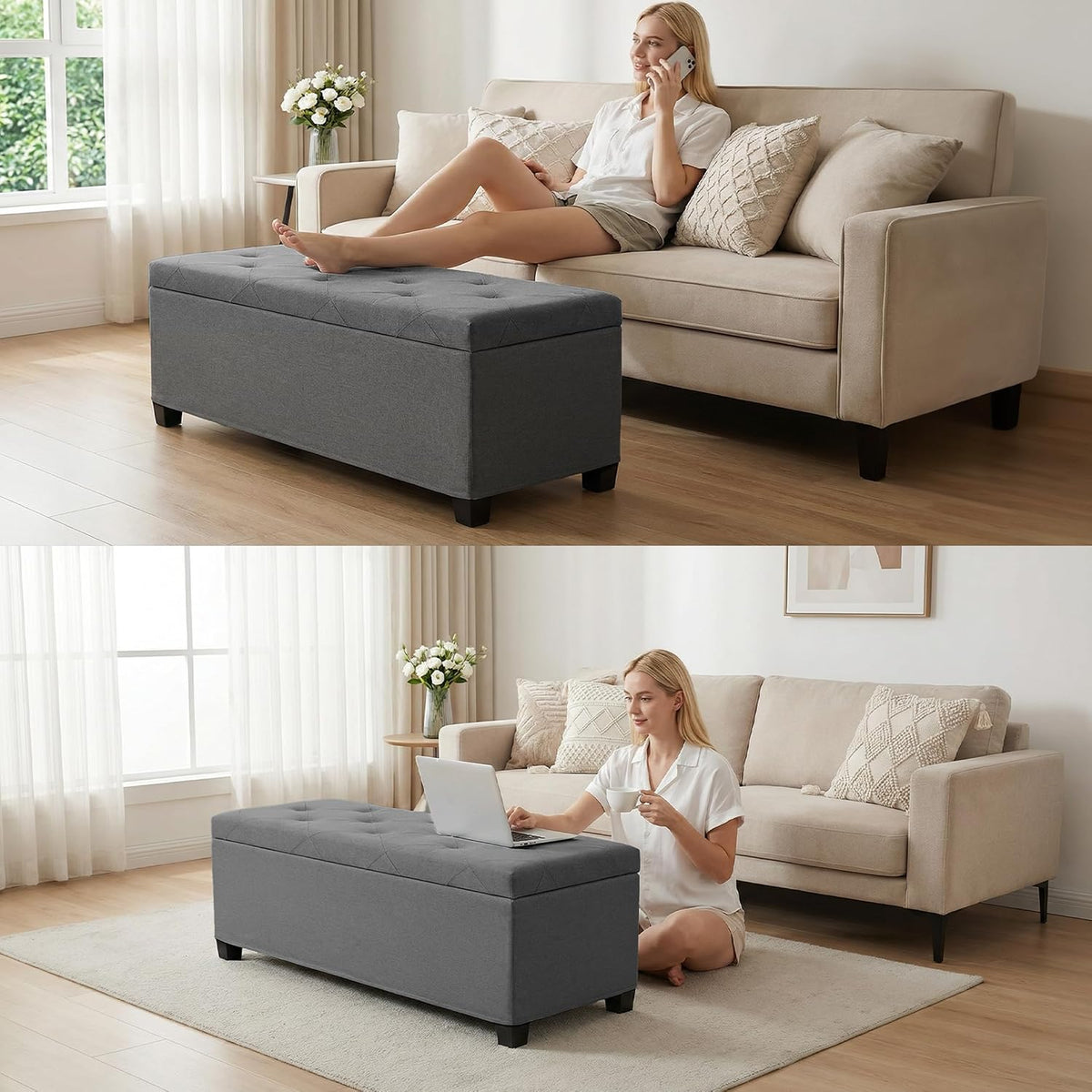 DUMOS Upholstered Storage Bench, End of Bed Ottoman, Extra Large 46.5 Gal (176L) Internal Volume, Foot Stool for Bedroom, Living Room, Sturdy Storage Chest, Dark Grey, 43.3" L x 15.7" W x 15.7" H