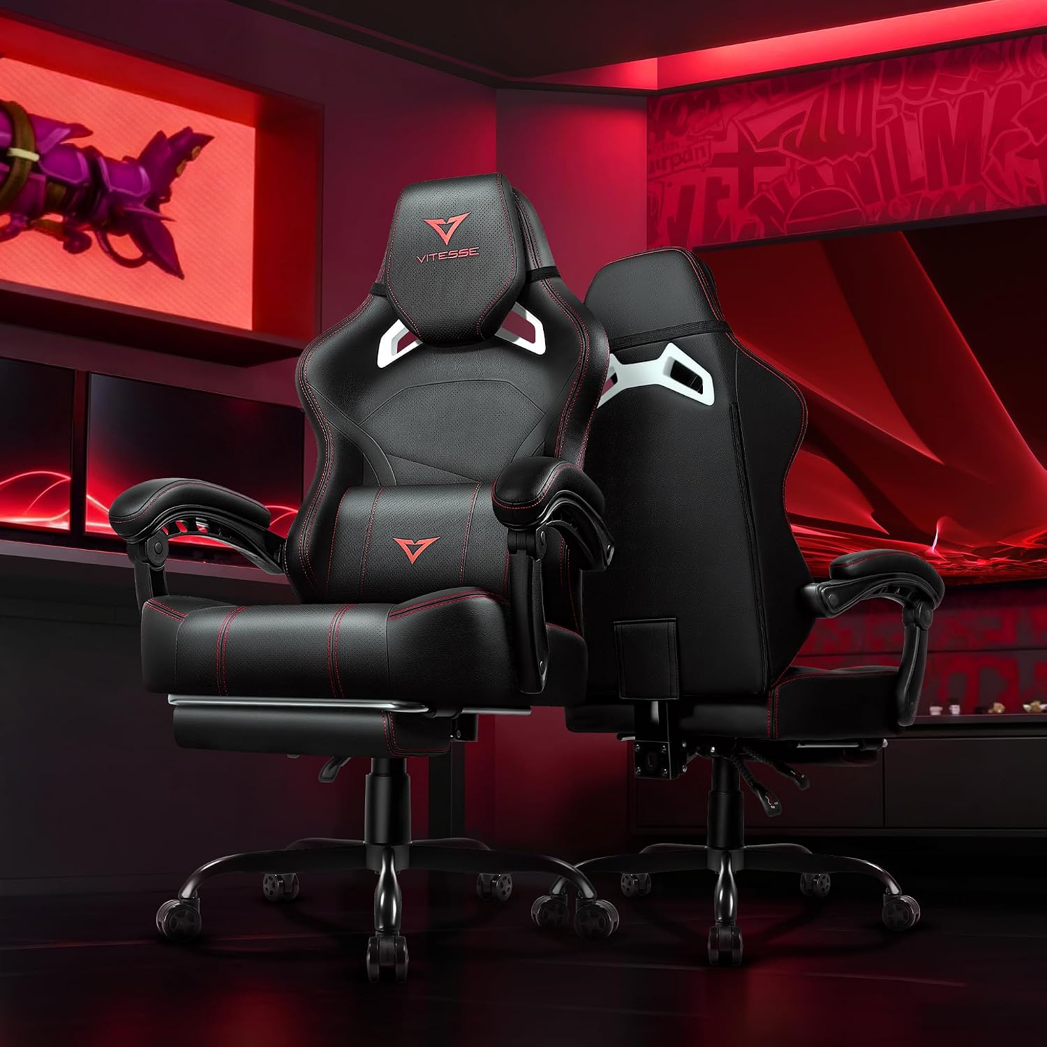 VITESSE Big and Tall Gaming Chair 400lb Capacity with Footrest | Racing-Style High Back Video Game Chair for Adults, PU Leather Computer Chair with Oversized Headrest for Gaming and Work
