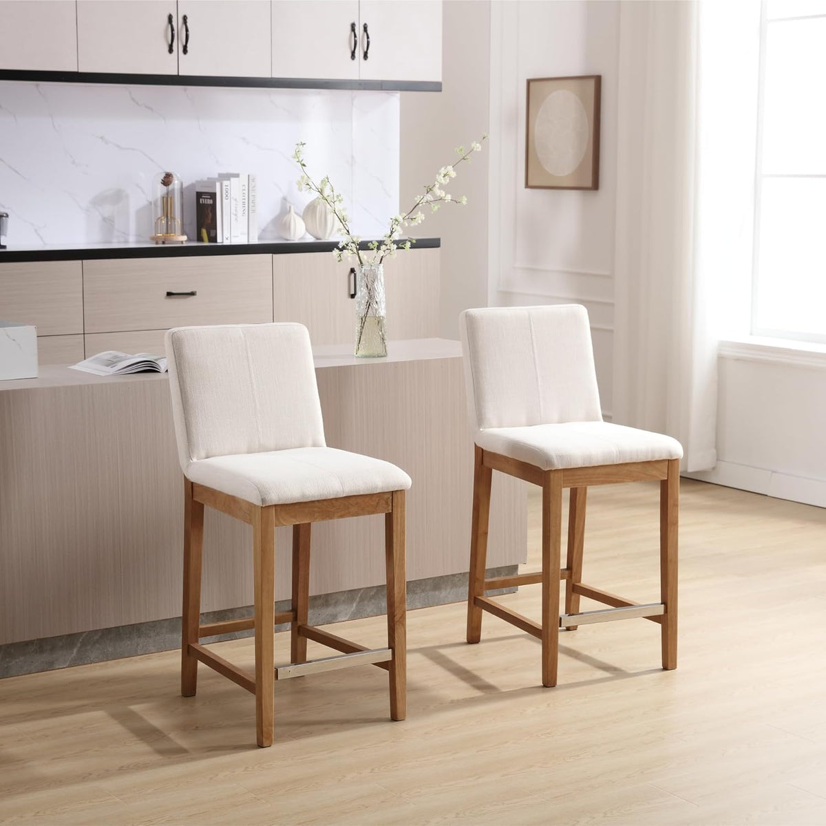 Kmax 30 Inch Bar Stools Set of 2 with Back Support, Linen, Cream | Farmhouse, Wooden Frame, Armless, Upholstered