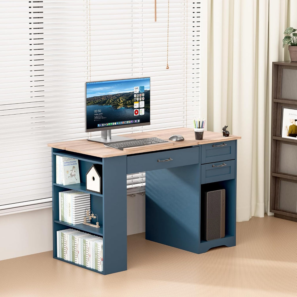 Drafting Table with Storage Cabinet & Drawers, Adjustable Drawing Desk with Open Shelves, Craft Table Painting Desk for Artists, Painters, Drawing, Crafting, Reading, Writing, Working (Blue)