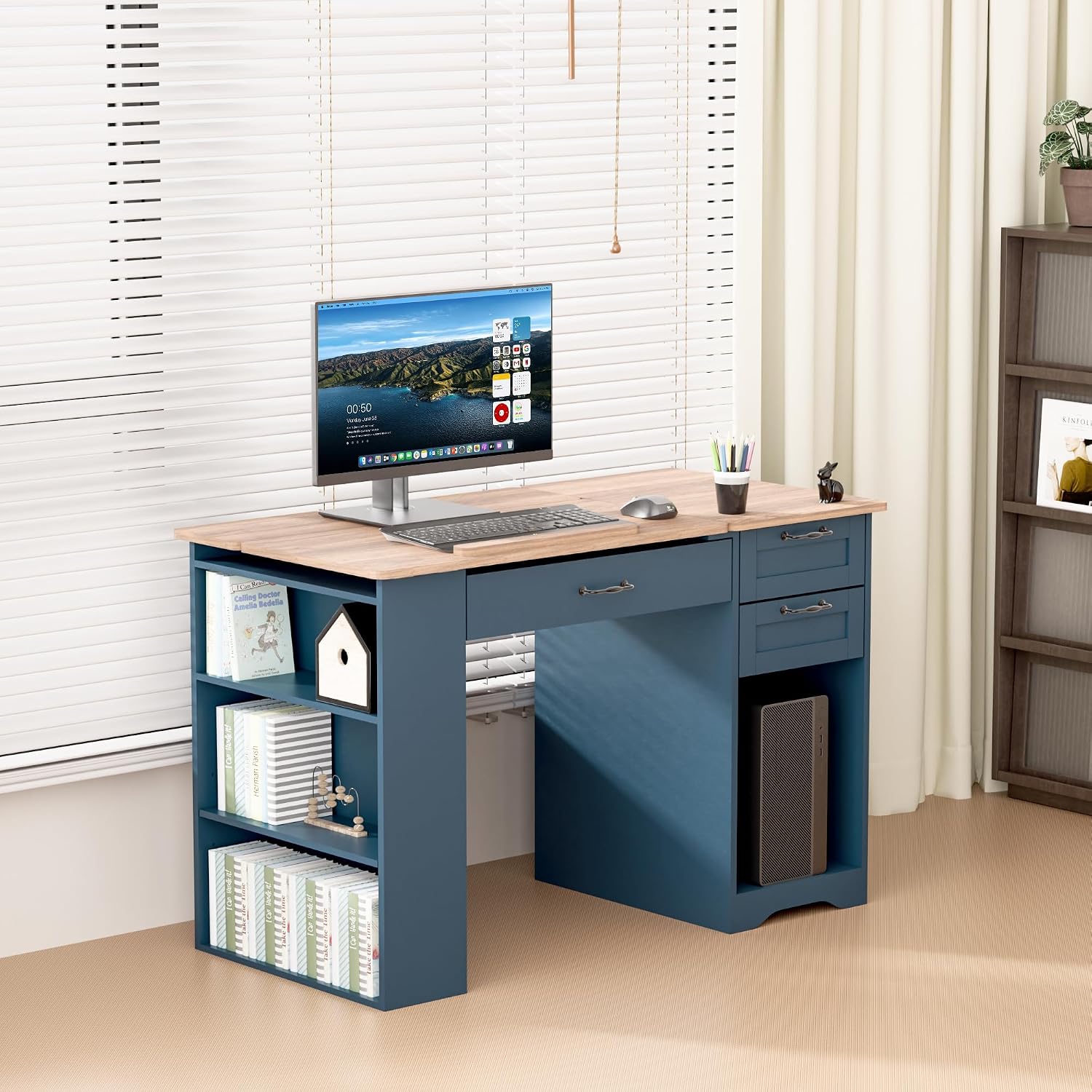 Drafting Table with Storage Cabinet & Drawers, Adjustable Drawing Table with Open Shelves, Craft Art Desk for Artists, Painters, Drawing, Crafting, Reading, Writing, Working (Blue)