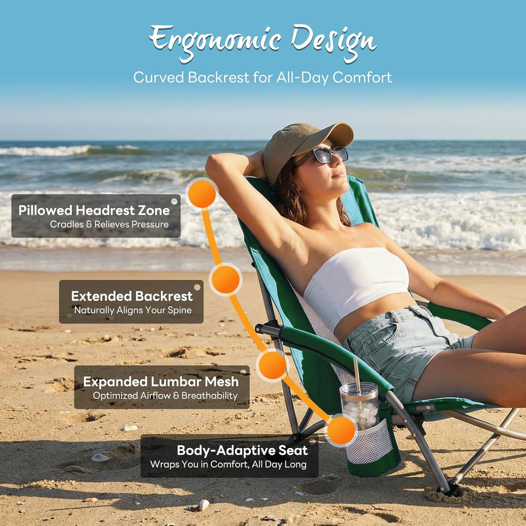 NEWBULIG Low Beach Chair – Folding Camping Chair for Adults, Low Profile Lawn Chair with Cup Holders & Carry Bag, Extra Wide Seat and High Back, Portable for Beach, Outdoors, Travel & Concerts, Blue