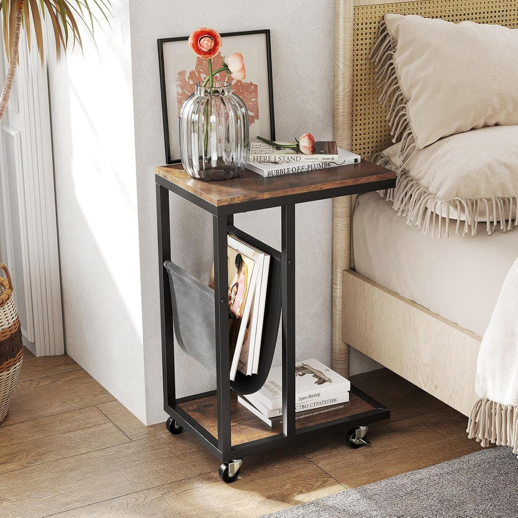Giantex C Shaped End Table with Rolling Wheels, Sofa Side Table with Magazine Storage Holder & Metal Frame, Mobile TV Tray Table for Small Space Living Room, 16" L x 11" W x 23" H, Rustic Brown