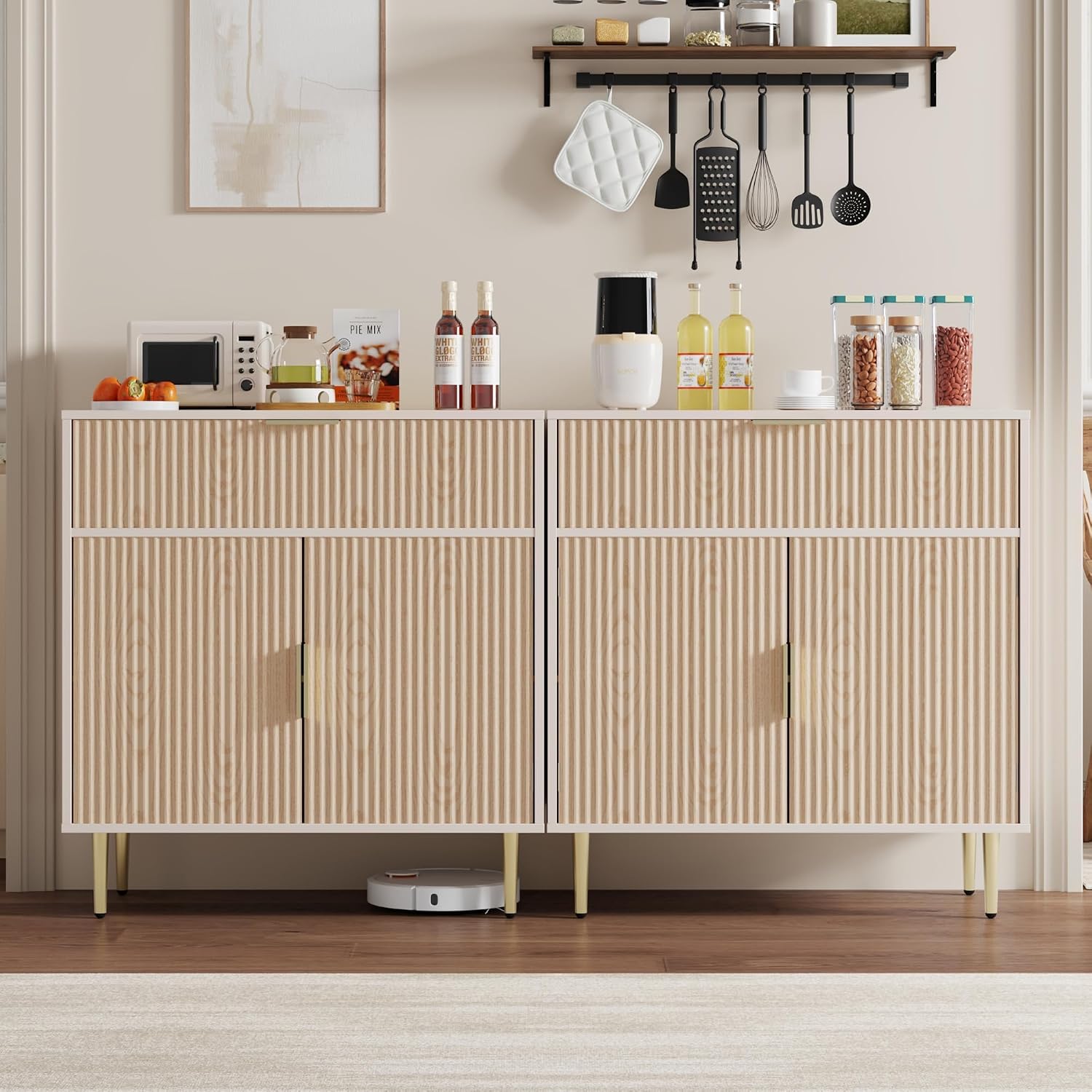 Housoul Sideboard Buffet Cabinet with 2 Doors & Drawer, Coffee Bar with Adjustable Shelves, Liquor Cabinet with Storage, Accent Cabinet Console Table for Living Dining Room, Oak