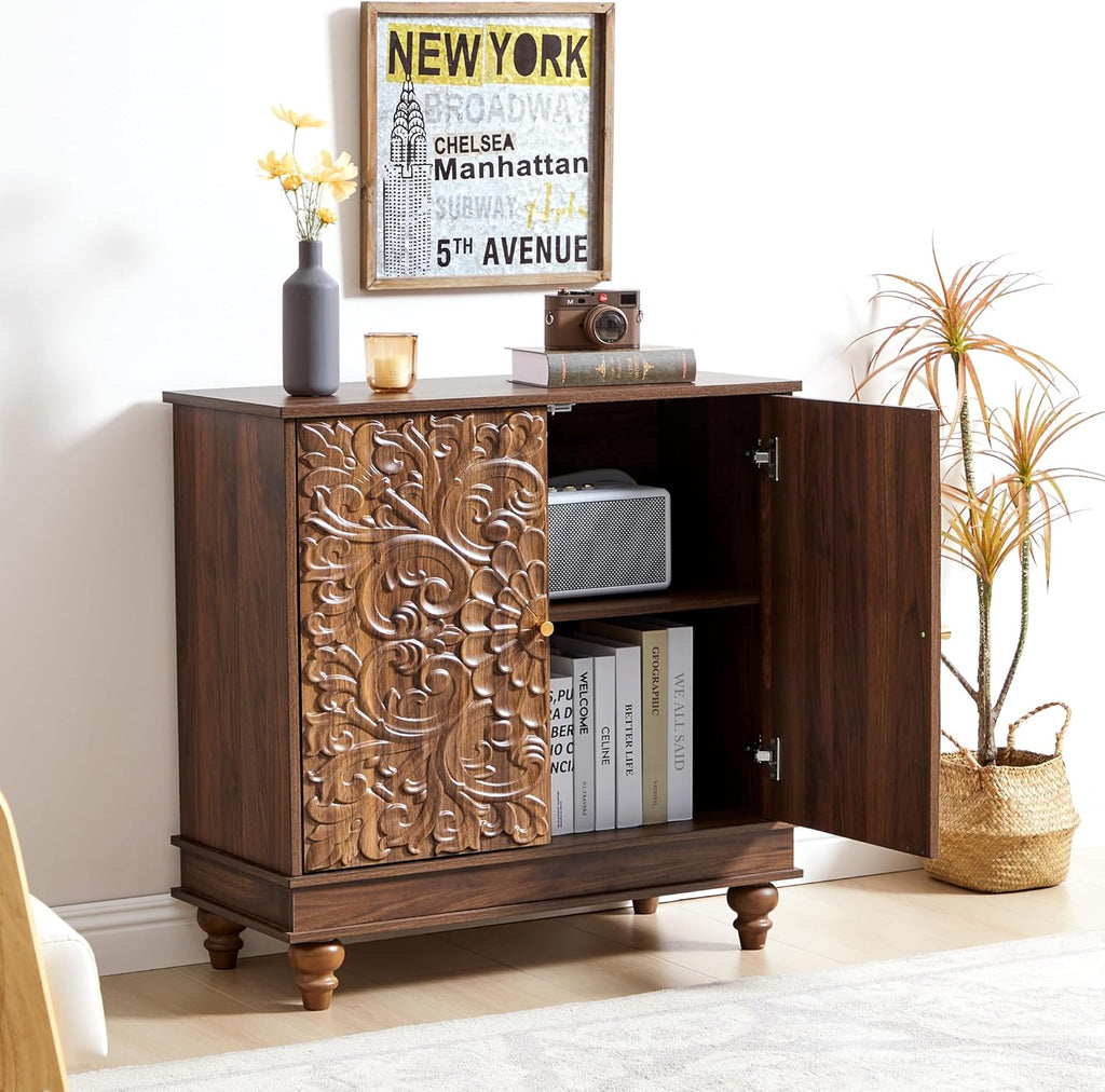 weselon Accent Cabinet with 2 Doors, Farmhouse Carved Buffet Sideboard with Adjustable Shelves, Storage Cabinet Entryway Table for Living Room (Walnut)
